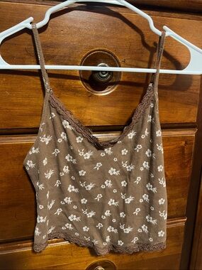 Hollister Brown Floral Lace-Trim Ribbed Cami